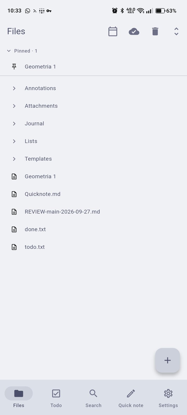 Android: the files view, with pinned notes, folders and the notes beside them