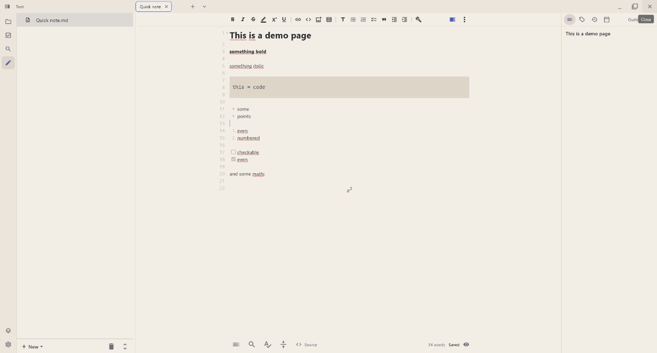 Desktop: editing a note in live, with line numbers and the outline pane