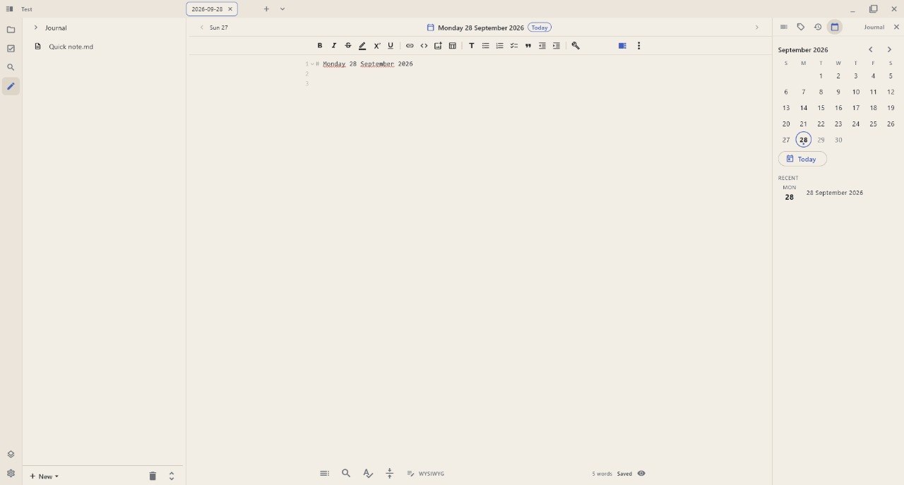 Desktop: a journal entry, with the calendar and the recent days beside it
