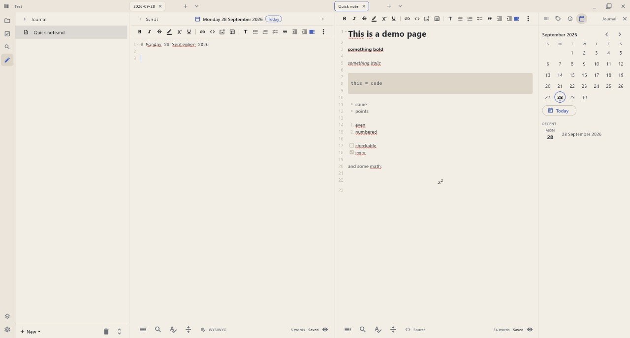 Desktop: three panes open — a journal entry in source and in live, and a note beside them
