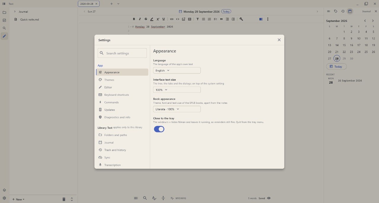 Desktop: settings — the app's own sections and the library's